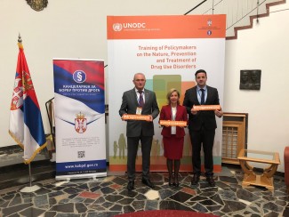 Milan Pekić, Director of the Serbian Office Against Drugs, Elizabeth Sáenz MD, UNODC Project Coordinator and Milos Stojanovic, Regional Project Manager, UNODC Serbia