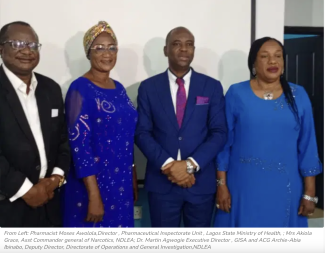From Left: Pharmacist Moses Awolola,Director , Pharmaceutical Inspectorate Unit , Lagos State Ministry of Health, ; Mrs Akiola Grace, Asst Commander general of Narcotics, NDLEA; Dr. Martin Agwogie Executive Director , GISA and ACG Archie-Abia Ibinabo, Deputy Director, Directorate of Operations and General Investigation,NDLEA. From Left: Pharmacist Moses Awolola,Director , Pharmaceutical Inspectorate Unit , Lagos State Ministry of Health, ; Mrs Akiola Grace, Asst Commander general of Narcotics, NDLEA; Dr. Martin Agwogie Executive Director , GISA and ACG Archie-Abia Ibinabo, Deputy Director, Directorate of Operations and General Investigation,NDLEA.