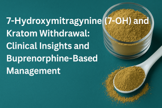 Clinical education banner showing a healthcare professional reviewing kratom and 7-hydroxymitragynine (7-OH) data in a detox treatment setting, with text reading “7-Hydroxymitragynine (7-OH): Clinical Insights and Buprenorphine-Based Management.”