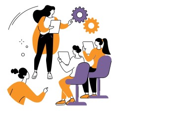 An illustration of a person presenting information to three other people.